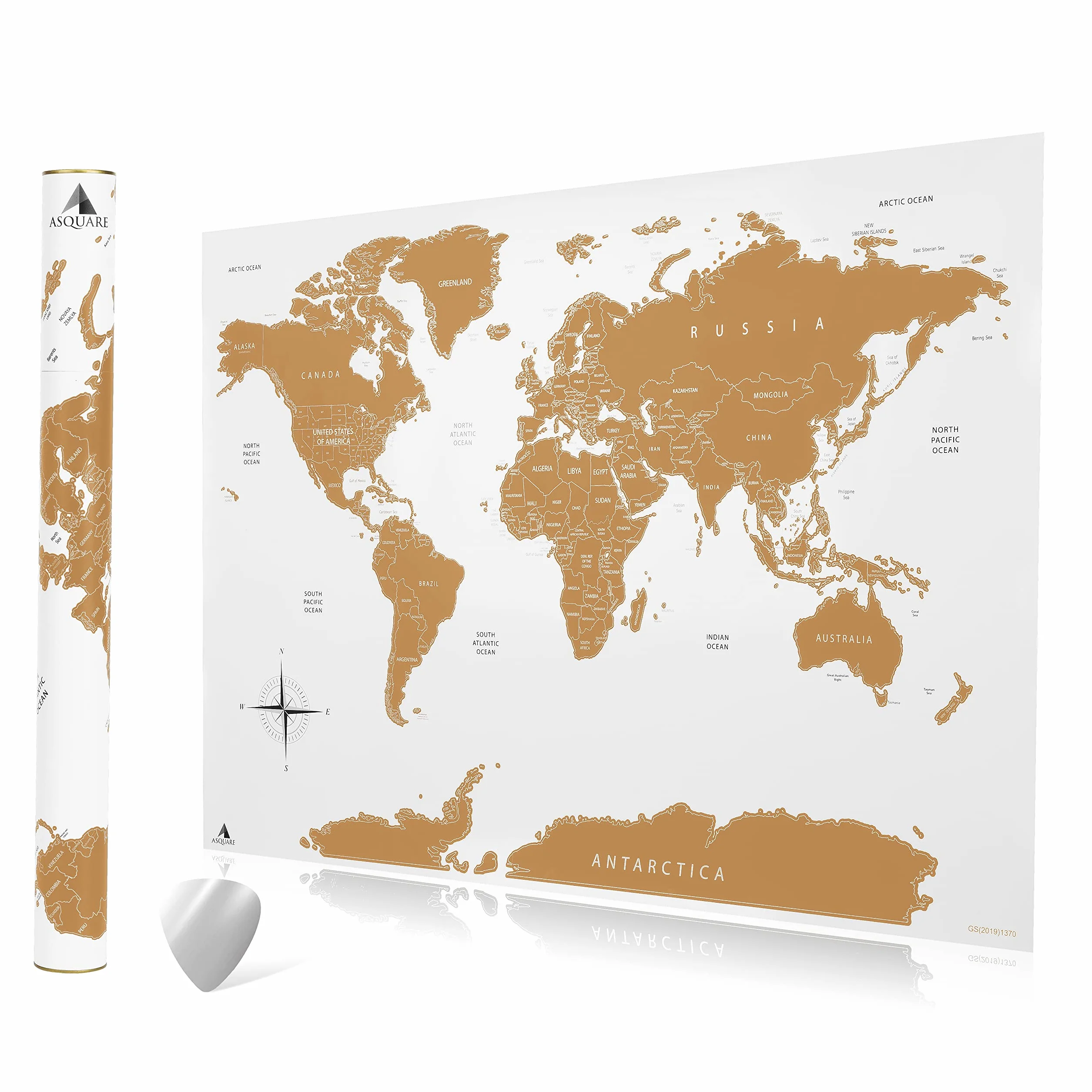 Wysokiej jakości mapa świata do zdrapywania 84 x 58 cm – plakat XXL, z chipem do zdrapywania, złota i biała Scratch Off Map (język angielski)