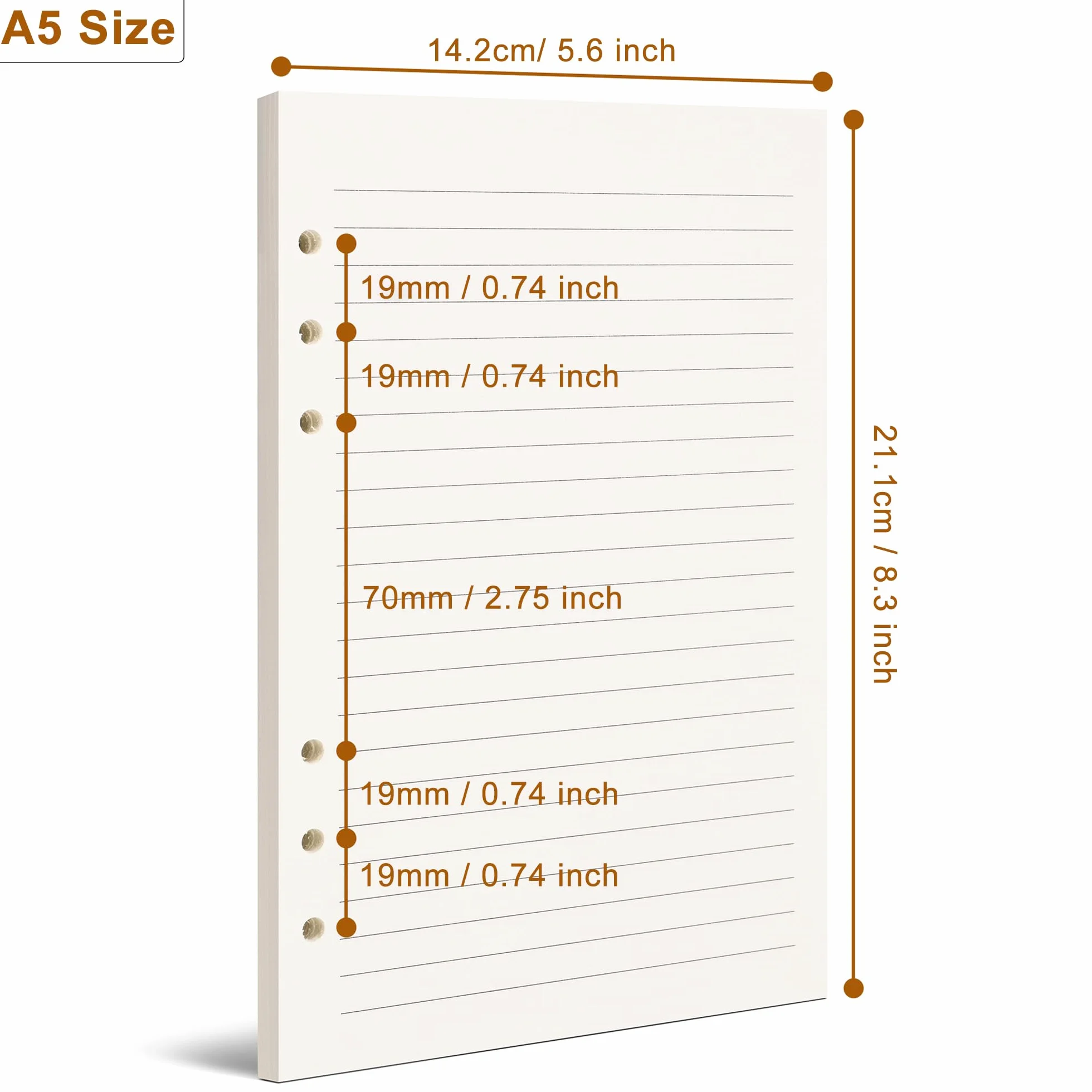 Papier w linie A5, 6-otworowy papier uzupełniający do segregatora A5, luźny liść w linie 8 mm, 80 arkuszy/160 stron, 14 x 20 cm, beżowy (2)