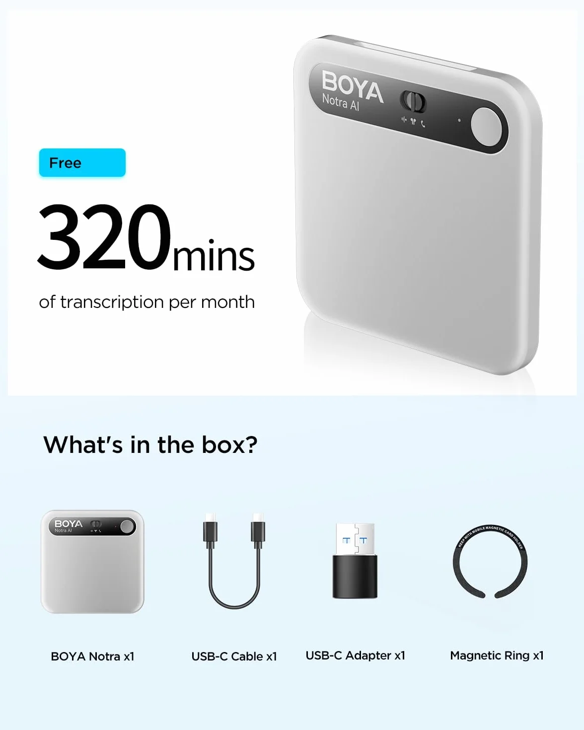 BOYA Dyktafon Notra AI, atmosfera/rozmowy telefoniczne/przechwytywanie Bluetooth, transkrypcja AI i inteligentne podsumowanie, obsługa ponad 140 języków, 64 GB pamięci, magnetyczny organizer notatek