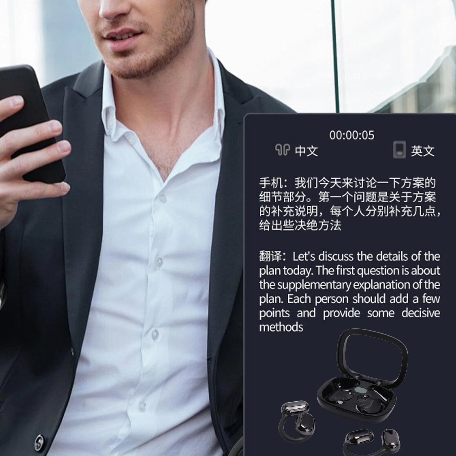 Tłumacz Słuchawki w Czasie Rzeczywistym, Tłumacz Języka na Wkładkach Dousznych, Urządzenie Tłumacze z Słuchawkami Aplikacji Bluetooth z obudową do ładowania Muzyki i Połączenia