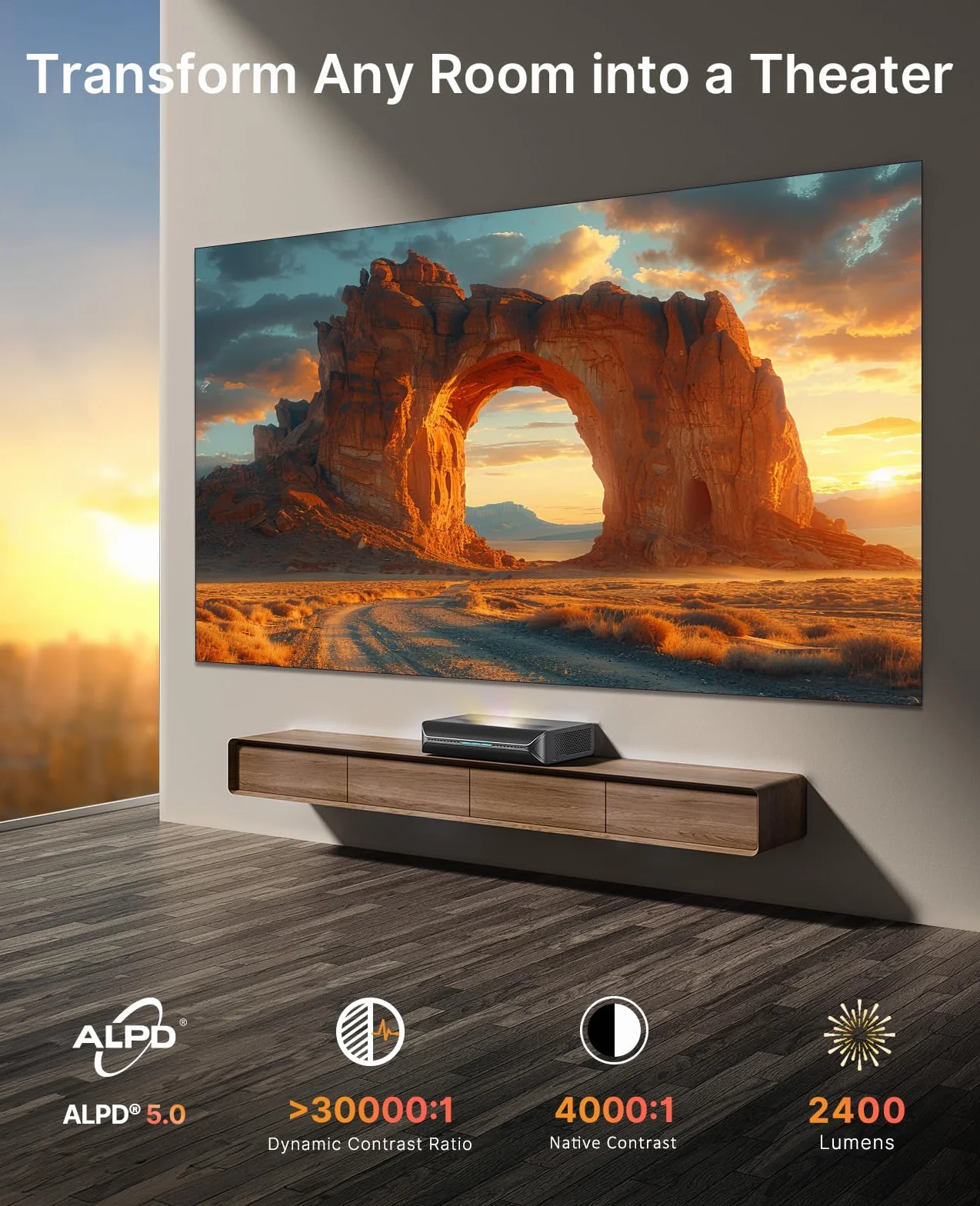 NexiGo Aurora Pro MKII, Projektor UST z laserem trójkolorowym 4K, Kontrast 30000:1, Dynamiczna Przysłona i Przyciemnianie Lasera, Współczynnik rzutu 0,21:1, Dolby Vision i Atmos, HDR10+, 3D