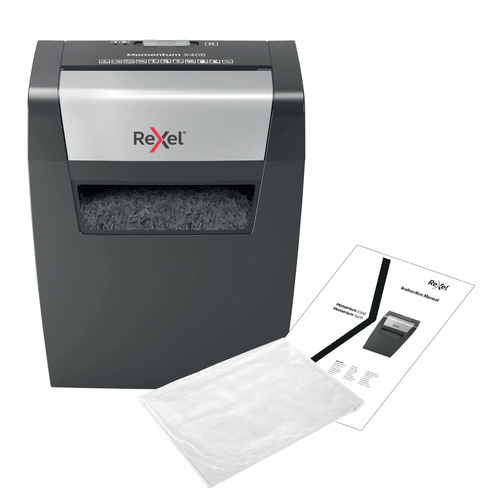 Rexel, Niszczarka do Papieru Rexel Momentum X406, Tnie na Konfetti do 6 kartek (80 gsm), Poziom Bezpieczeństwa P-4, Pojemność Pojemnika na Ścinki 15L, Kolor Czarny (2104569EU)