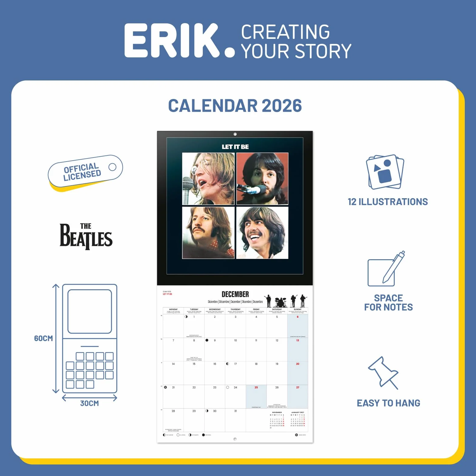 Grupo Erik Wall Calendar 2026 - The Beatles Calendar 2026 | Square 30 x 30 cm - 12 x 12 inches Wall Planner, Family Planner Month To View | The Beatles Gifts For Friends