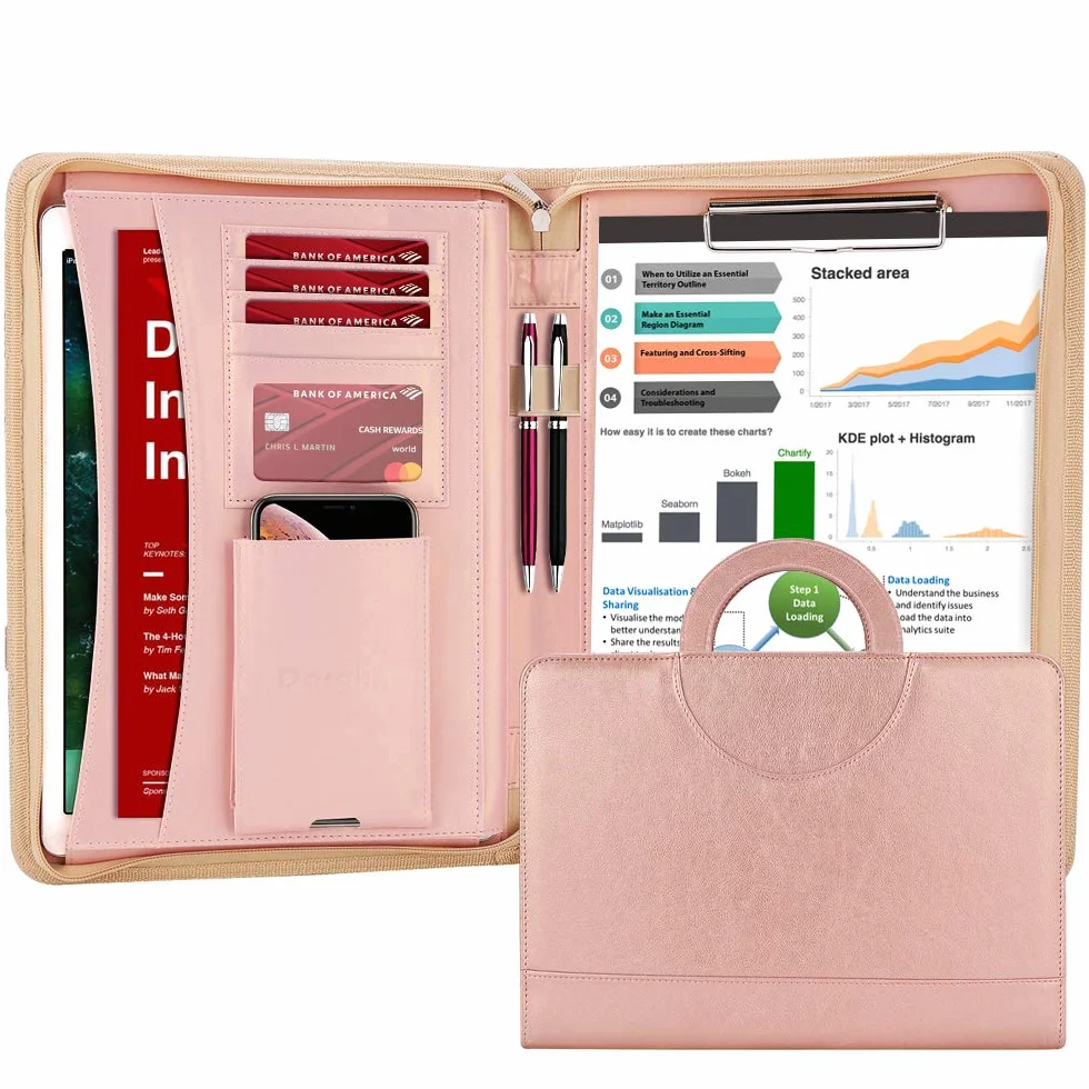 Darolin Skórzane etui z ukrytym uchwytem organizer konferencyjny teczka Padfolio różowe złoto