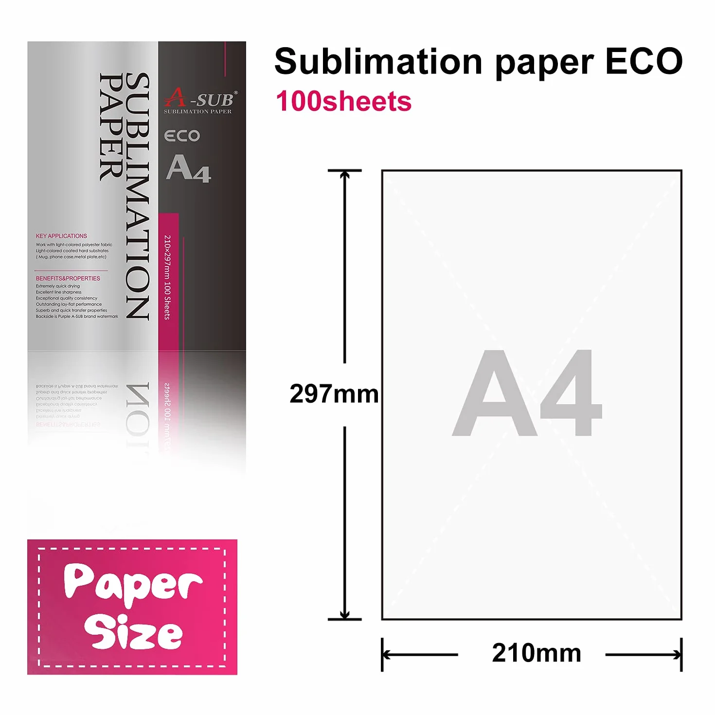 A-SUB Papier do sublimacji A4, 210 x 297 mm, 100 arkuszy, kompatybilny z drukarkami sublimacyjnymi EPSON, SAWGRASS, RICOH, Brother