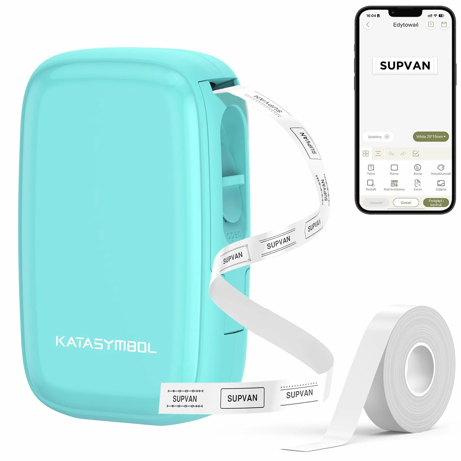 SUPVAN E16 Bluetooth Drukarka Etykiet z 1 rolką 15 mm x 6 m etykiet, Katasymbol Drukarka Samoprzylepnych do systemów iOS i Android, Cyjan