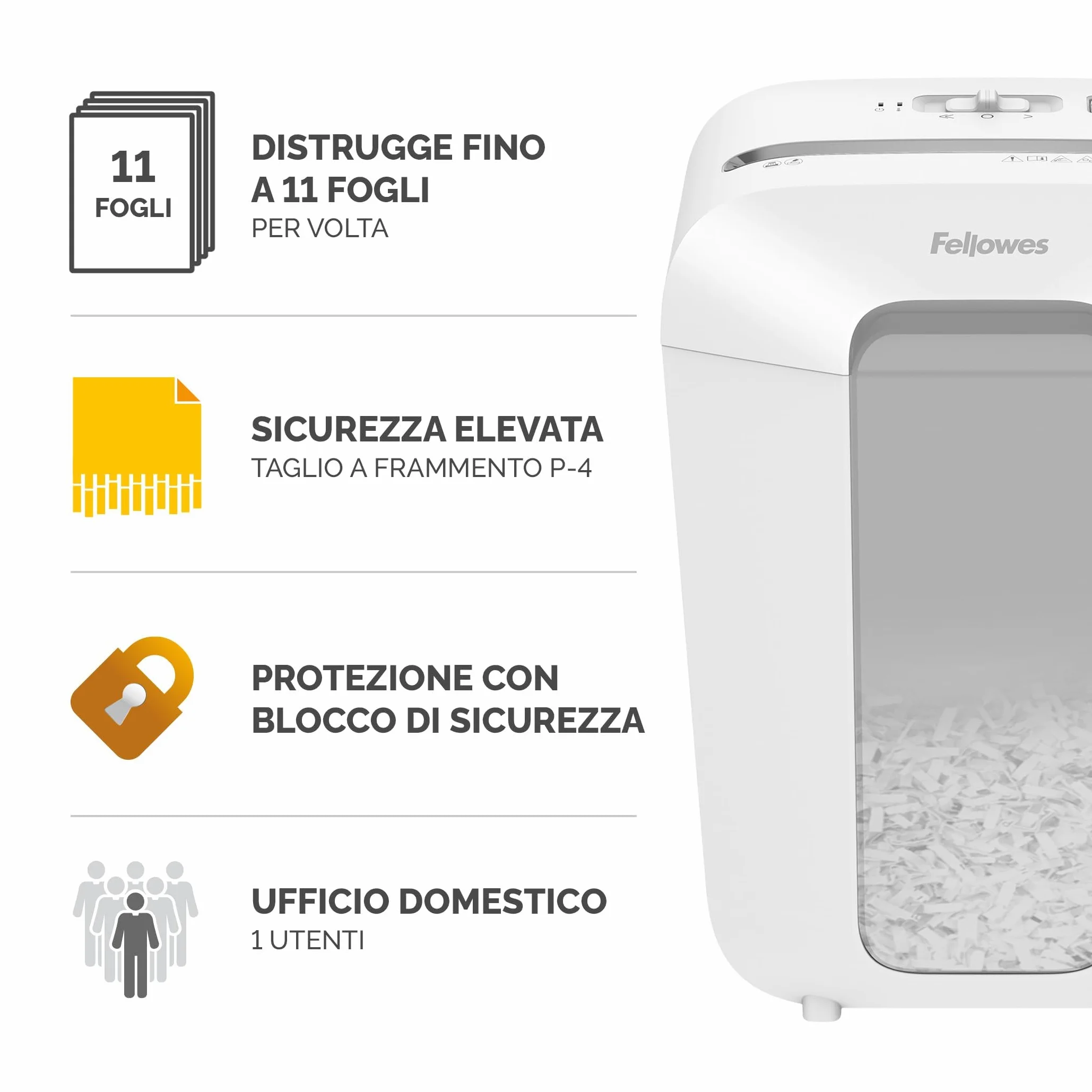 Fellowes Niszczarka do dokumentów, 11 arkuszy (P4), rozdrabniacz papieru z cięciem cząstek do domowego biura i biura, Powershred LX70, niszczarka z koszem 18 l i blokadą bezpieczeństwa, 4 x 40 mm