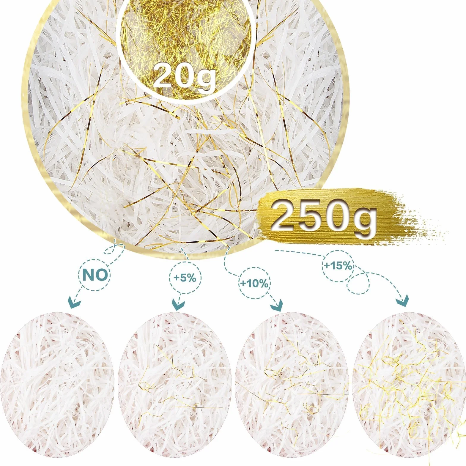TXXATX 270 g rozdrobniony papier bibułowy biały i złoty rozdrobniony papier do pudełek prezentowych, wypełniacz bibułkowy rozdrobniony do wypełniania utrudniających napełniania torebek prezentowych