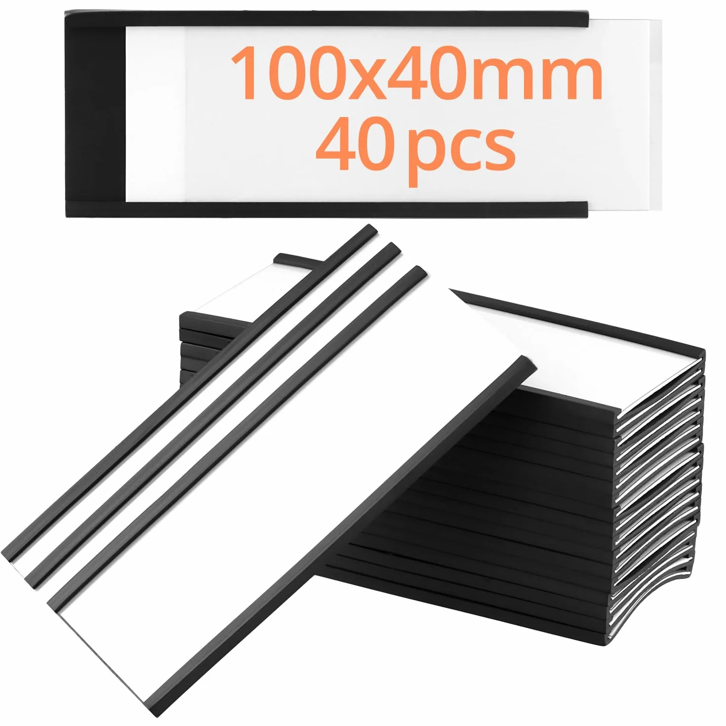 QWORK® 40 sztuk magnetycznych uchwytów na etykiety, 40 mm x 100 mm, wielokrotnego użytku, odporne na warunki atmosferyczne, z folią ochronną, magnetyczne plakietki z imieniem do metalowej tablicy,
