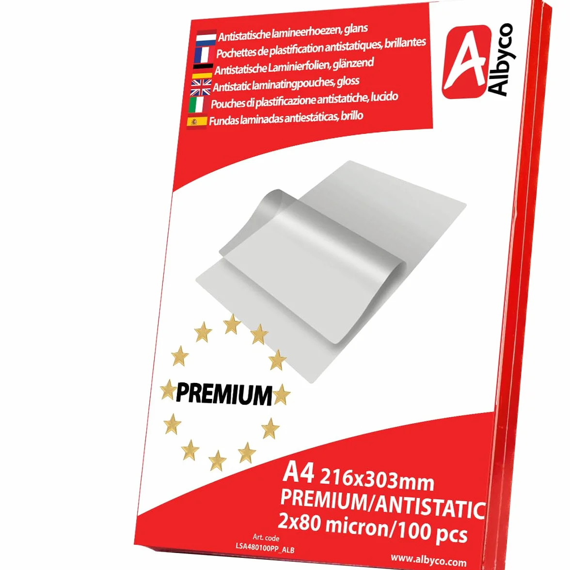 Albyco Premium ANTYSTATYCZNA Folia do Laminowania A4 - Folia do Laminowania - Arkusz do Laminowania - Arkusz do Laminowania - Format A4 216 x 303 mm - Błyszczący - Grubość 2x80 (160) Mikrony 100 sztuk