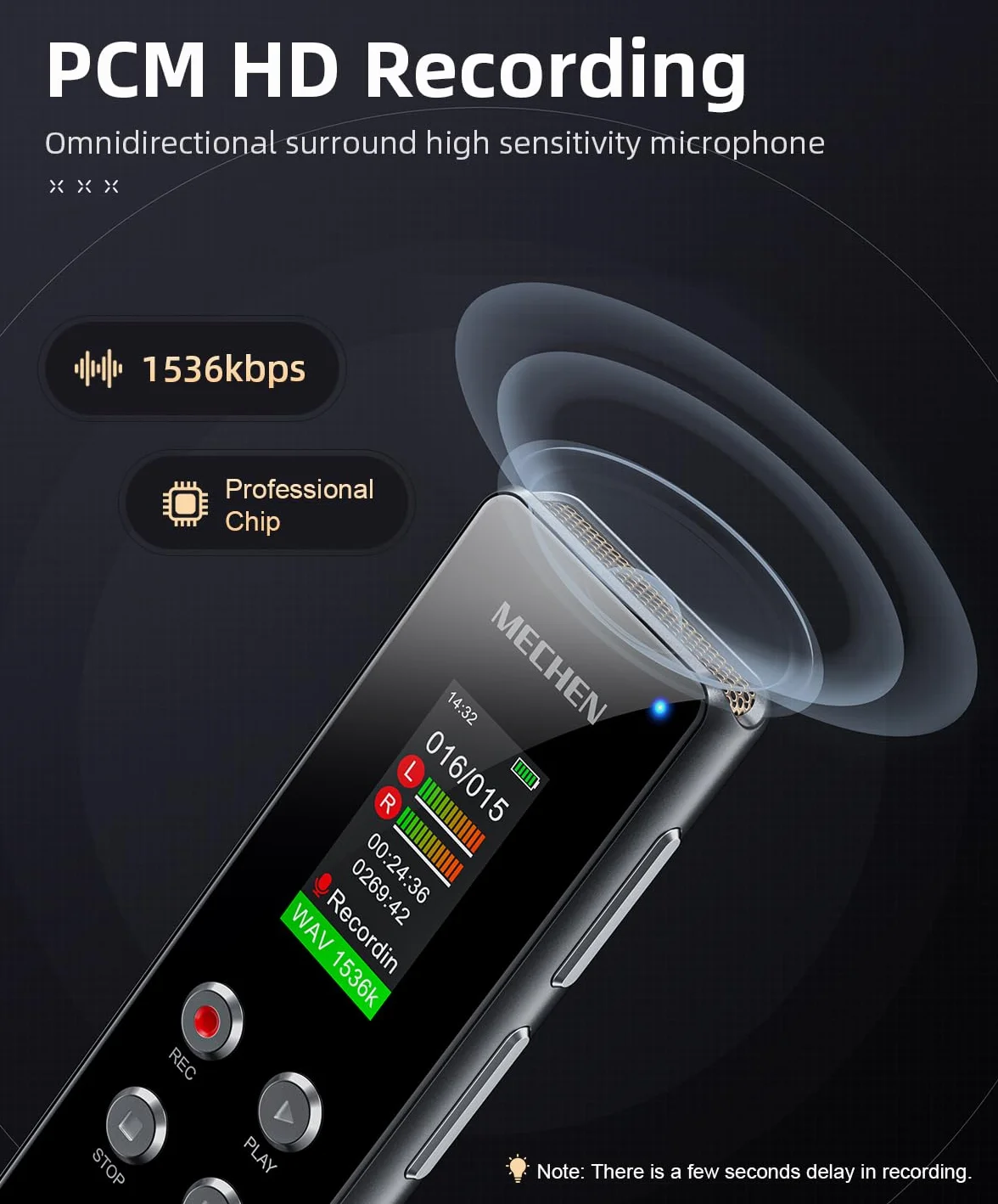 MECHEN V01 dyktafon 128 GB, nagrywanie głosowe, ochrona hasłem, automatyczna redukcja szumów, 300 mAh (czas pracy 15 godzin)