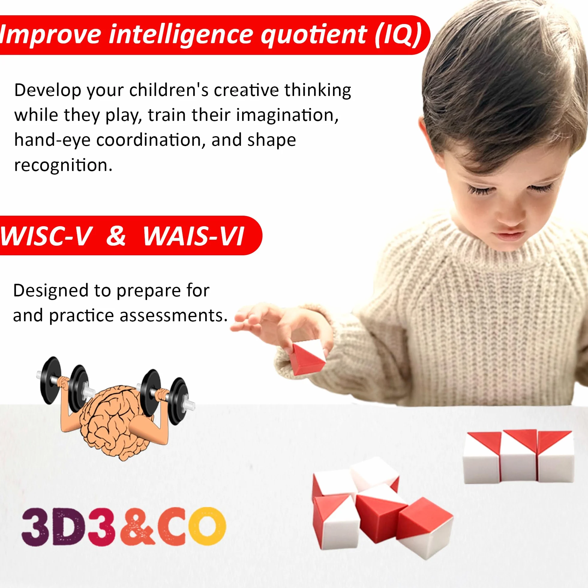 Kostki Kohs, 2,5 cm czerwone, 9 pojemników do testów jako test WISC i test WAIS