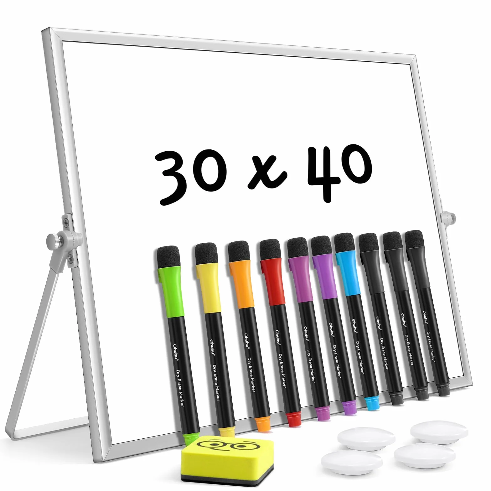 Ohuhu Mini tablica suchościeralna A3, mała biała tablica z 10 długopisami, 4 magnesami i 1 gumką, dwustronna tablica magnetyczna na biurko 40 x 30 cm, ze stojakiem, na ścianę, do rysowania