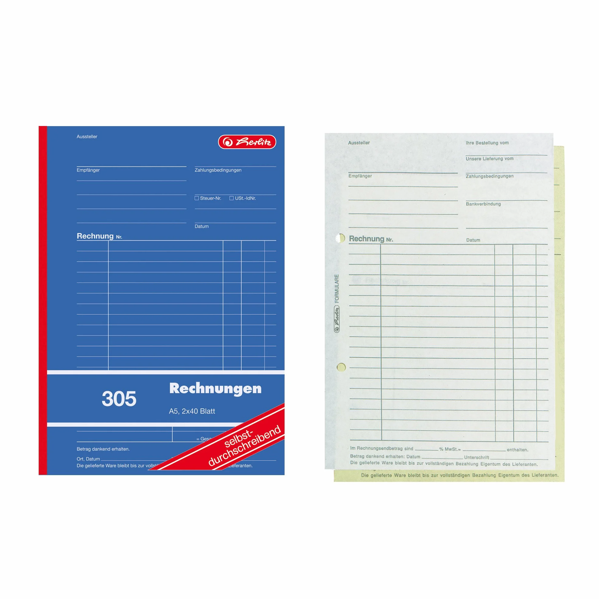 Herlitz 1932862 Książka z rachunkami, A5, 305 2 x 40 arkuszy, samokopiujący, 4 sztuki
