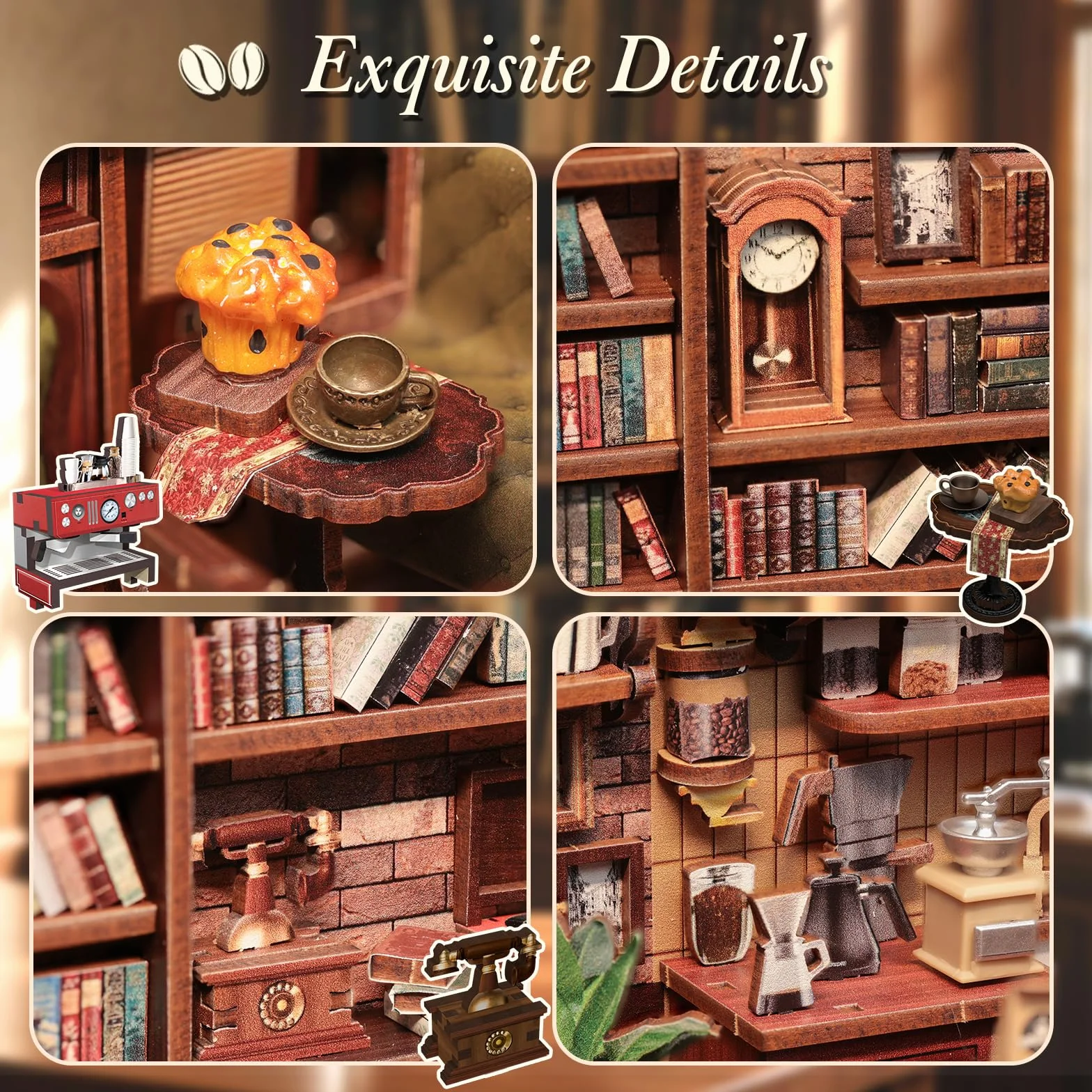 CUTEBEE Book Nook – Domek DIY drewniany z LED dla dorosłych, puzzle 3D, dekoracja na półkę z książkami, prezent (Corner Coffee Shop)