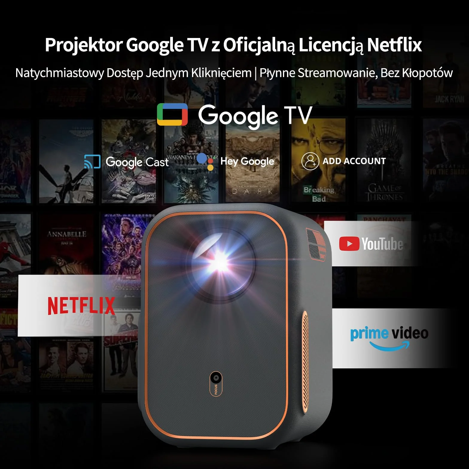 WEMAX Inteligentny Projektor Google TV 1080P Full HD, Obsługa 4K, 500 ISO Lumenów, MEMC Płynność Ruchu na Mecze 2026, Dolby Audio, Auto Focus i Keystone, Wi-Fi 5G, Bluetooth, Ekran do 120"