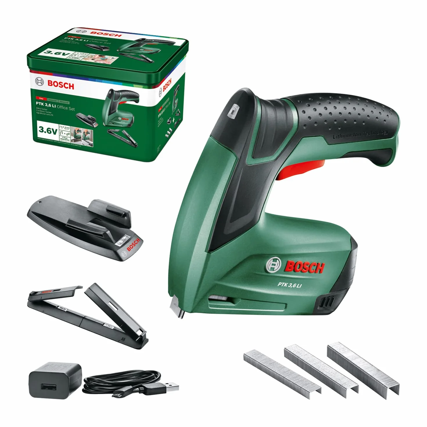 Bosch Home and Garden Bosch PTK 3,6 LI zszywacz akumulatorowy, zestaw biurowy ze skoroszytem papierowym i zeszytem do broszur (wbudowany akumulator, 3,6 V, zestaw zszywaczy, 30 uderzeń/min, w