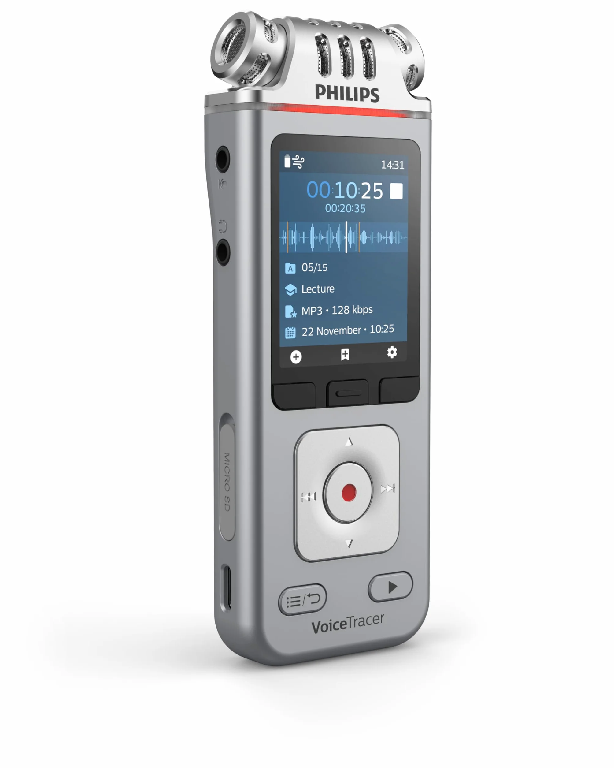 Philips VoiceTracer DVT4115 dyktafon, nagrywarka, 8 GB, MP3 i PCM, 3 mikrofi HiFi. Sembly KI rozpoznawanie mowy, tworzenie streszczeń, protokołów sesji i to-DOS