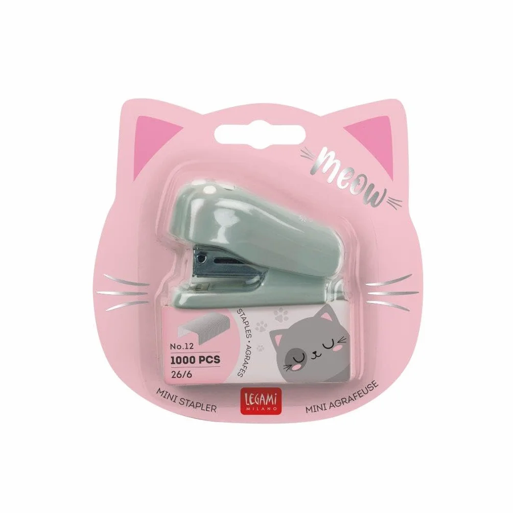 Legami Mini zszywacz Meow 3,3 x 4,5 cm tworzywo sztuczne Kitty wbudowany usuwacz ściegów 1000 zszywek