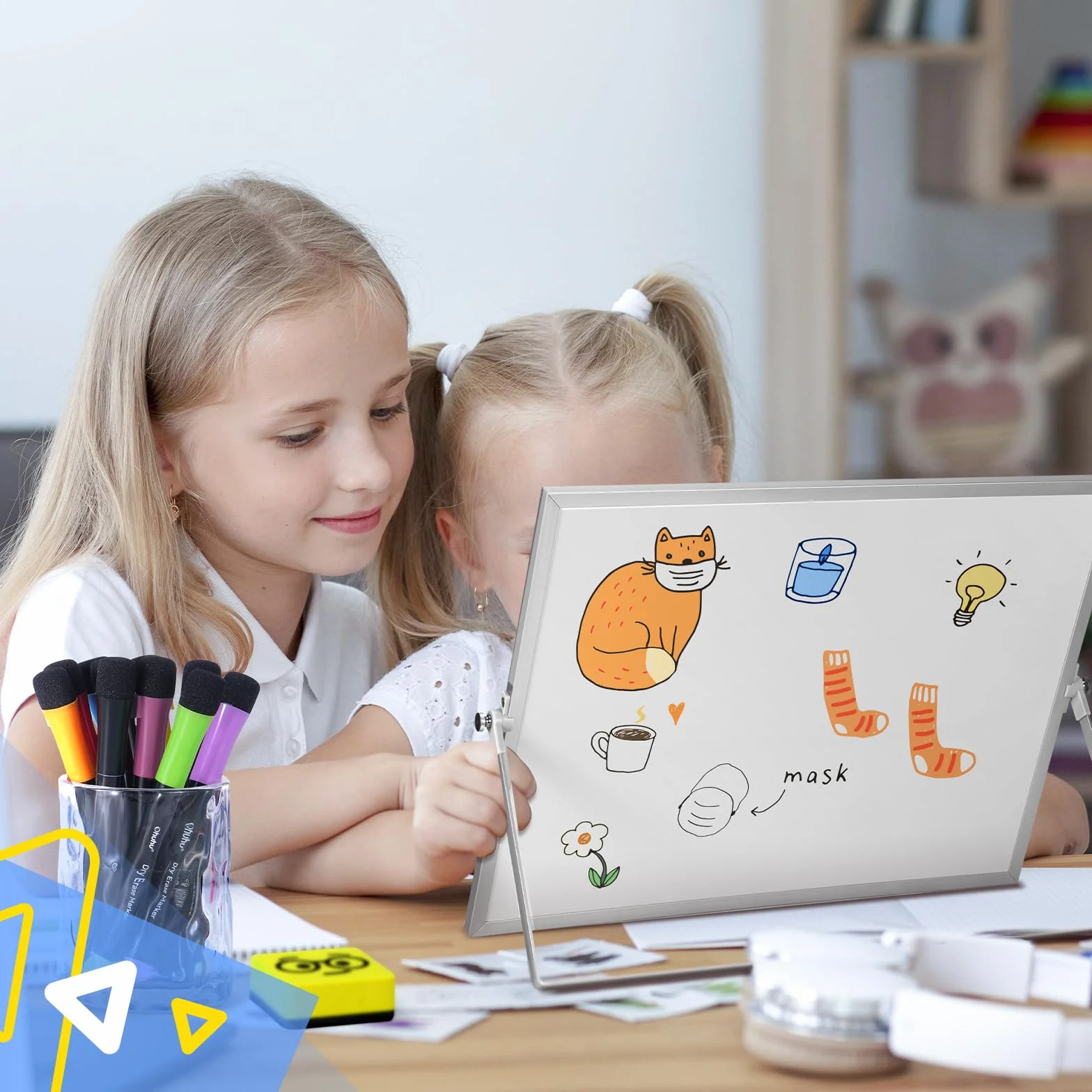 Ohuhu Mini tablica suchościeralna A3, mała biała tablica z 10 długopisami, 4 magnesami i 1 gumką, dwustronna tablica magnetyczna na biurko 40 x 30 cm, ze stojakiem, na ścianę, do rysowania