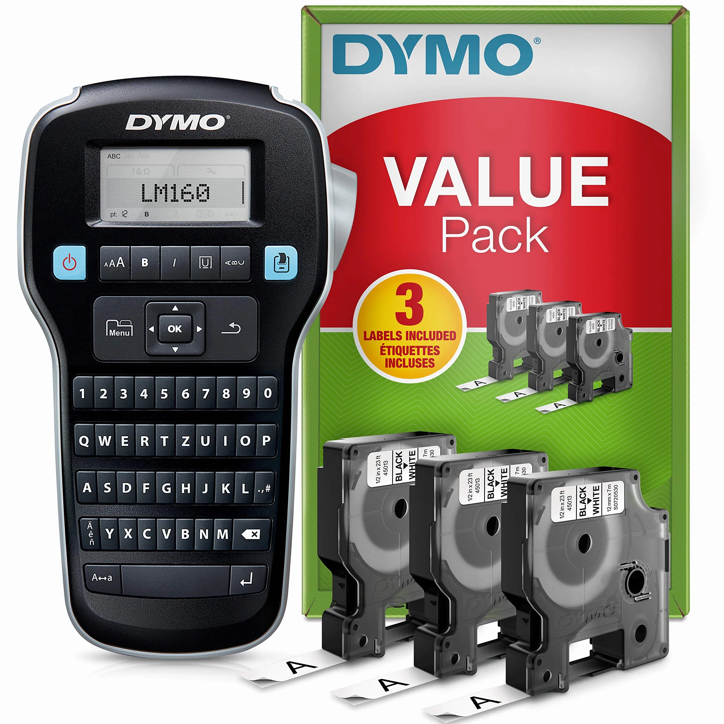 DYMO LabelManager 160 przenośne urządzenie do etykietowania, zestaw startowy, urządzenie do etykietowania z klawiaturą QWERTZ i łatwą edycją tekstu, z 3 rolkami, do etykiet D1 o szerokości 6, 9 i 12