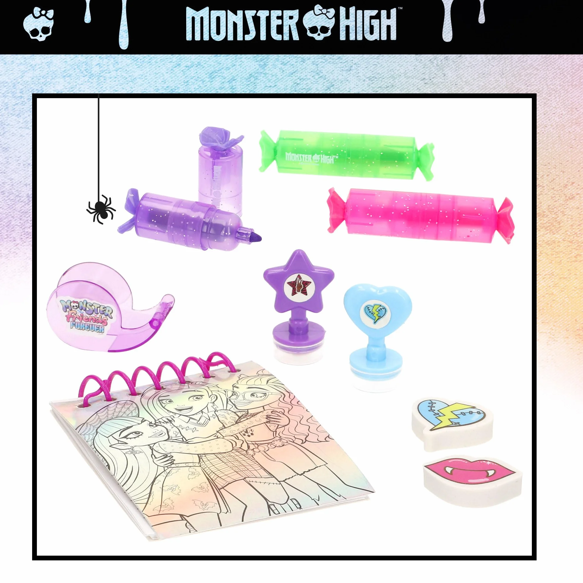 ColorBaby Monster High zestaw do pisania szafy, piórnik, długopisy, znaczki i naklejki, przybory szkolne dla dzieci (77515)