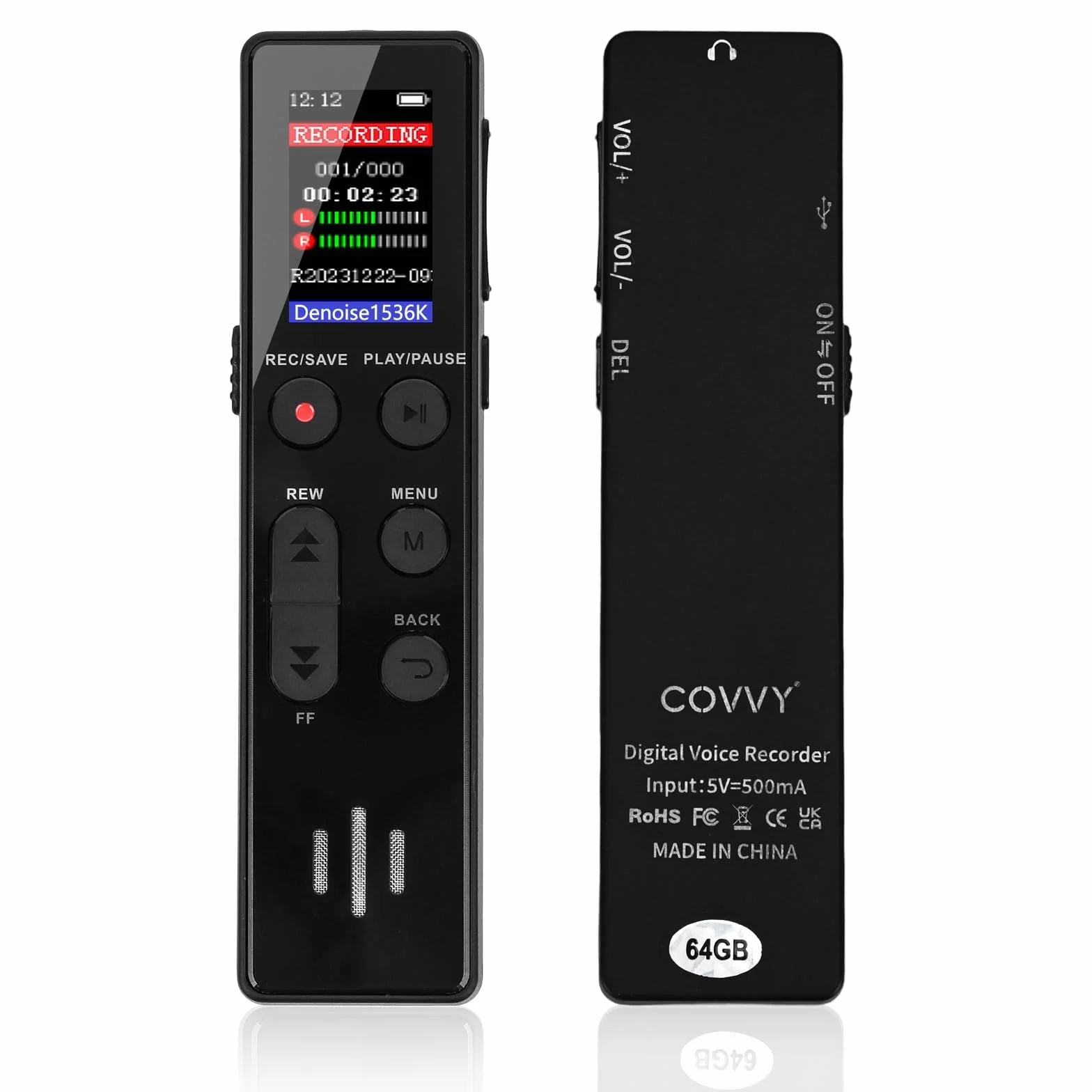 Cyfrowy dyktafon 64 GB, COVVY aktywowany głosem, przenośny rejestrator dźwięku z odtwarzaniem, mini urządzenia do nagrywania HD do rozmowy kwalifikacyjnej/klasy/spotkania